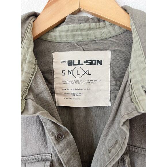 ALL-SON Brand Mens Shirt Size Large Button Long Sleeve Pockets Green Cotton - Picture 3 of 4